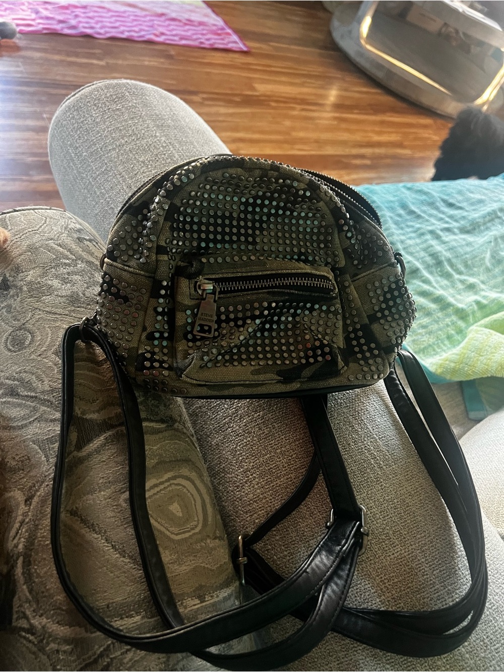 Steve Madden Camo Mini Backpack with Stud Accents - Black & Green